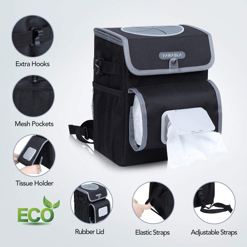 Farasla All-in-One Car Trash Can, Garbage Bag for Car with Removable Leakproof Interior Liner, Adjustable Tissue Holder & Straps(Black) - Image 2